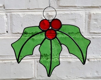 Stained Glass Holly with Berries and Leaves - Christmas Suncatcher for Window Hanging, Wall Decor, Tree Decoration