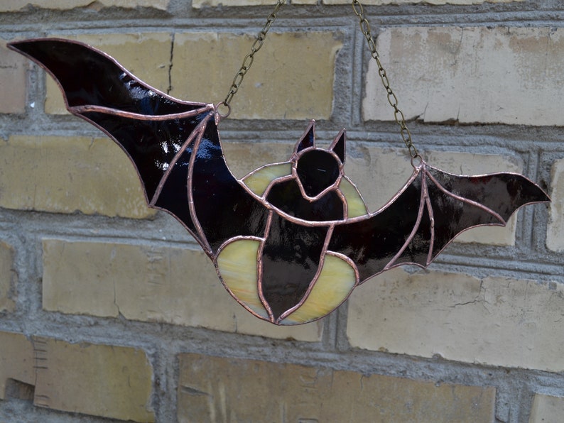 Flying Over Moon Bat Stained Glass Panel for Window Hanging. Goth Stained Glass Bat Suncatcher. Gothic Sun Catcher Bat image 3