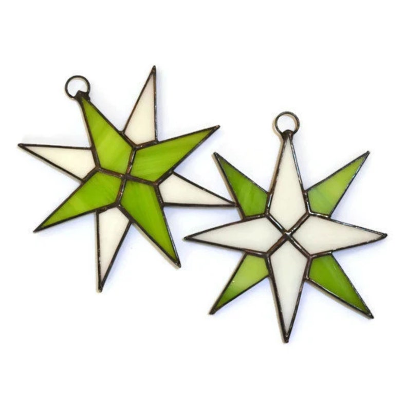 Green Stained Glass Star Ornaments Pair - Christmas Celestial Suncatcher Window Hanging, Tree & Wall Decor image 6