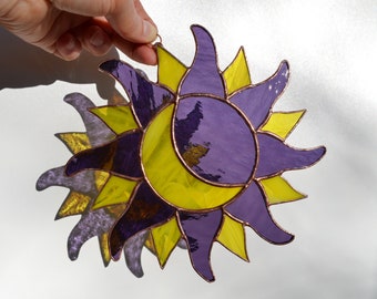 Sun and Moon Stained Glass Suncatcher Window Hanging - Witchy Celestial Wall Decor Purple Yellow