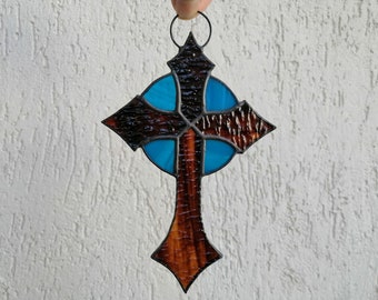 Stained Glass Cross Ornament Wall or Window Hanging Brown Blue - Unique Christian Decor for Home or Office