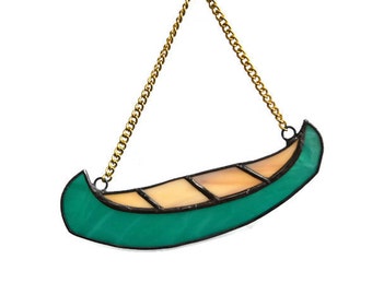 Stained Glass Canoe Suncatcher Window Hanging or Wall Decor - Teal Green Canoe Ornament