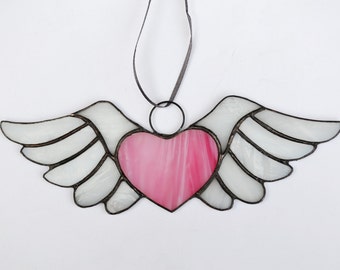 Stained Glass Heart with Wings Personalized on Request - Pink Winged Heart Suncatcher