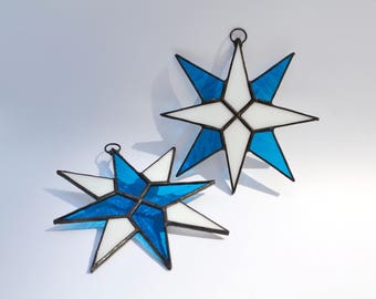Stained Glass Star Suncatcher Blue White. Christmas Star Ornament Set of 2 Window Hanging, Wall Decor, Xmas Tree Decorations