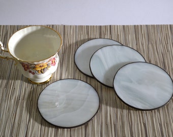 White Round Drink Coasters Set of 4 - Unique Modern Stained Glass Kitchen Decor