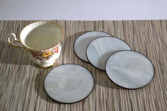 White Round Drink Coasters Set of 4 Unique Modern Stained Glass