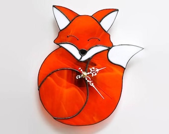 Cute Red Fox Wall Clock. Sleeping Fox Unique Stained Glass Home Decor. Woodland Theme Animal Clock for Nursery or Kids Room