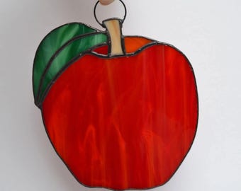 Red Apple Stained Glass Suncatcher Window Hanging or Wall Decor. Colorful Handcrafted Fruit Sun Catcher for Kitchen