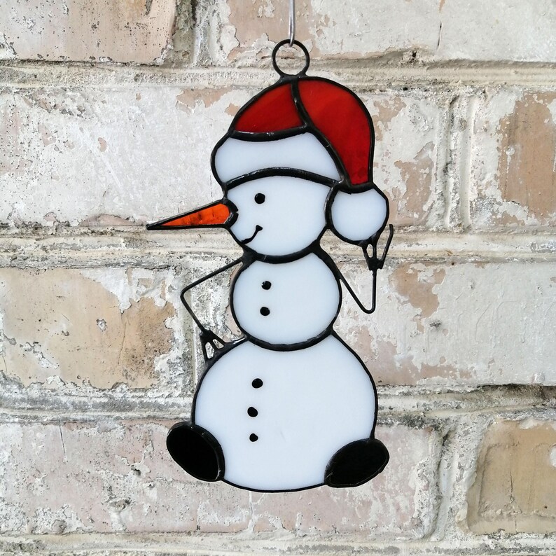 Snowman Stained Glass Suncatcher Window Hanging, Wall Decor, Xmas Tree ...