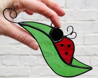 Stained Glass Ladybug on a Leaf Suncatcher