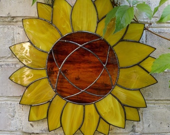 Large Yellow Sunflower Stained Glass Suncatcher Window Hanging or Wall Decor