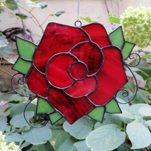 Red Rose Stained Glass Suncatcher Window Hanging or Wall Decor. Unique Wild Flower Rose Ornament. Perfect Mothers Day Gift Idea