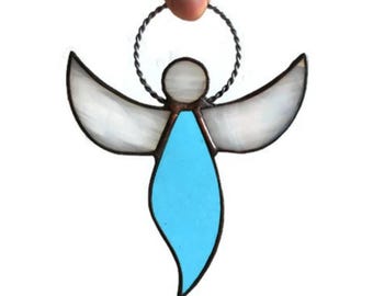 Guardian Angel Stained Glass Suncatcher for Window Hanging Turquoise Blue