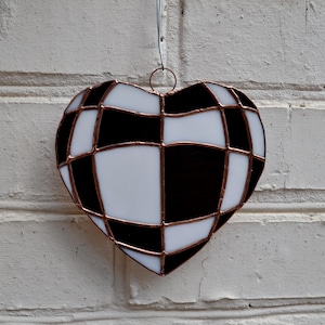 Minimalist Black and White Checkerboard Heart Stained Glass Suncatcher