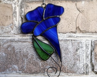 Blue Morning Glory Stained Glass Suncatcher Window Hanging or Wall Decor, September Birth Month Flower Gift