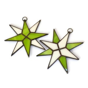 Green Stained Glass Star Ornaments Pair - Christmas Celestial Suncatcher Window Hanging, Tree & Wall Decor image 5