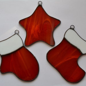 Stained Glass Christmas Ornaments Set of 3 Red White Stocking, Mitten, Star Suncatchers image 2