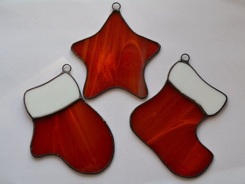 Stained Glass Christmas Ornaments Set of 3 Red White Stocking, Mitten, Star Suncatchers image 2