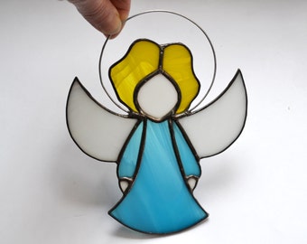 Blue Guardian Angel Stained Glass Suncatcher Window Hanging or Wall Decor - Christian Ornament