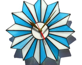 Mid Century Modern Starburst Wall Clock  10 / 14 Inch Turquoise Blue - Large Stained Glass Clock