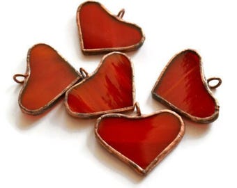 Tiny Red Heart Stained Glass Ornaments Set of 5 for Bohemian Charm, Wedding Favors, Love Garland Supply, Mini Wreath Decorations