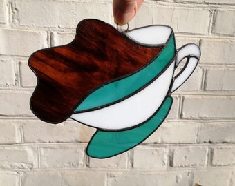 Stained Glass Coffee Cup Sun Catcher. Unique Kitchen Suncatcher for Wall Decor Sign or Window Hanging. Coffee Addict Gift