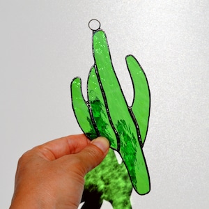 Southwestern Stained Glass Cactus Suncatcher Window Hanging or Wall Decor. Unique Handcrafted Green Cacti Plant Desert Ornament
