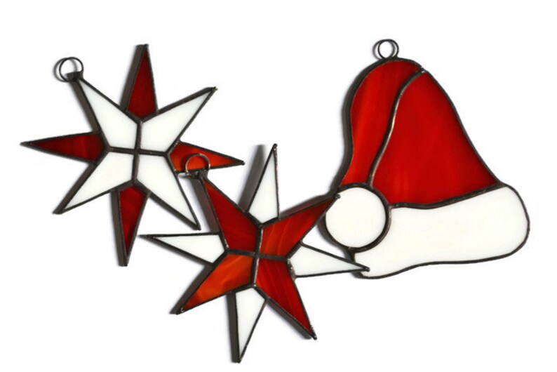 Stained Glass Christmas Ornaments Set of 3 Santa Hat and Stars Etsy