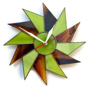 Mid Century Modern Wall Clock 10 / 12 Inch Green Brown - Artistic Stained Glass Starburst Clock