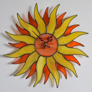 Sun Clock. Boho Sunburst Wall Clock 12 Inch. Large Sunshine Stained Glass Home Decor