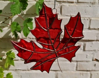 Fall Red Maple Leaf Stained Glass Suncatcher Window Hanging or Bohemian Wall Decor