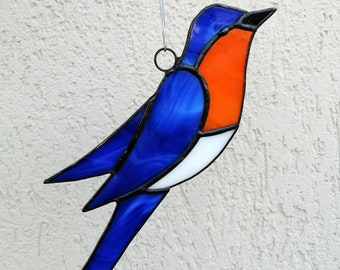 Eastern Bluebird Stained Glass Suncatcher Window Hanging, Handcrafted Flying Bird Wall Decor