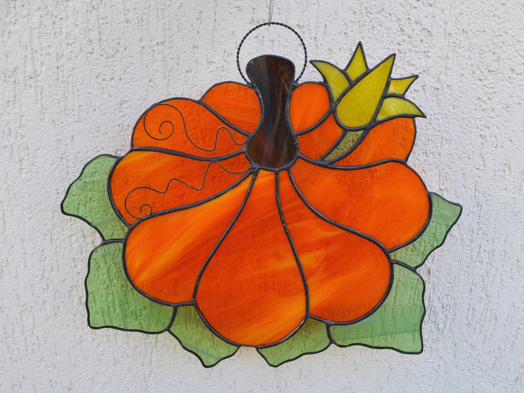 Large Stained Glass Pumpkin Suncatcher Bright Orange Autumn Etsy