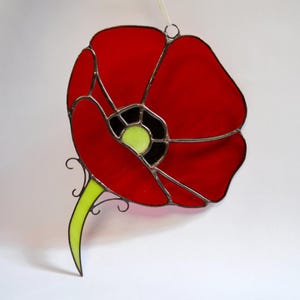 Red Poppy Stained Glass Suncatcher Window Hanging or Wall Decor - Flower Sun Catcher