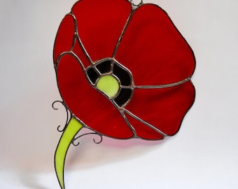 Red Poppy Stained Glass Suncatcher Window Hanging or Wall Decor - Flower Sun Catcher
