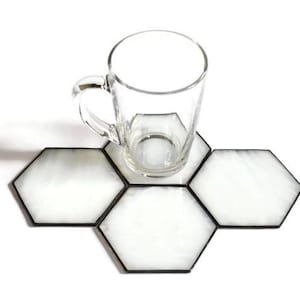 Modern White Hexagon Coasters for Drink Set of 4 Unique Stained Glass Decor for Kitchen or Dining Room image 3