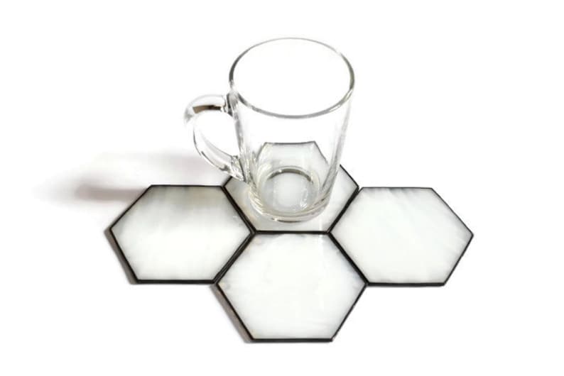 Modern White Hexagon Coasters for Drink Set of 4 Unique Stained Glass Decor for Kitchen or Dining Room image 3