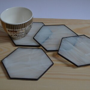Modern White Hexagon Coasters for Drink Set of 4 Unique Stained Glass Decor for Kitchen or Dining Room image 2