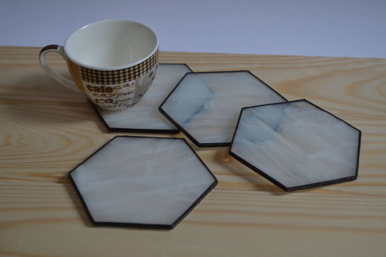 Modern White Hexagon Coasters for Drink Set of 4 Unique Stained Glass Decor for Kitchen or Dining Room image 2