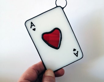 Ace of Hearts Stained Glass Suncatcher Window Hanging or Wall Decor. Playing Card Ornament. Poker Lover Gift