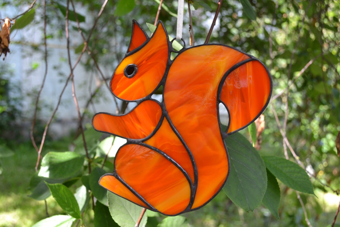 Red Squirrel Stained Glass Window Hangings Stained Glass | Etsy