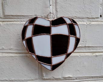 Minimalist Black and White Checkerboard Heart Stained Glass Suncatcher
