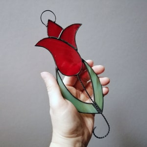 Tulip Stained Glass Panel, Window, Hangings - Classic Red Tulip