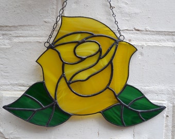 Yellow Rose Stained Glass Suncatcher Window Hanging - Beautiful Yellow Rose of Texas Home Decor Living Room, Bedroom, Kitchen