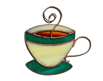 Stained Glass Coffee Cup Suncatcher Window Hanging for Kitchen Decor