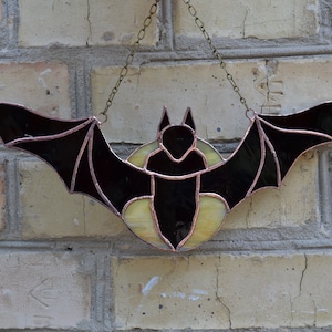 Flying Over Moon Bat Stained Glass Panel for Window Hanging. Goth Stained Glass Bat Suncatcher. Gothic Sun Catcher Bat image 1