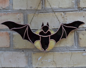 Flying Over Moon Bat Stained Glass Panel for Window Hanging. Goth Stained Glass Bat Suncatcher. Gothic Sun Catcher Bat