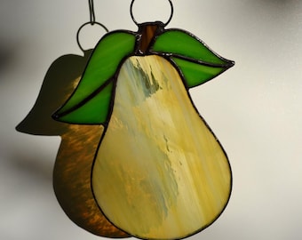 Pear Stained Glass Suncatcher Window Hanging - Yellow Fruit Sun Catcher Kitchen Art Decor
