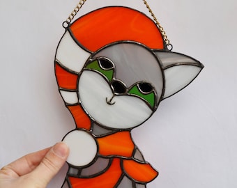 Lovely Stained Glass Cat Suncatcher Window Hanging - Cute Kitten in Hat and Scarf Nursery Wall Decor