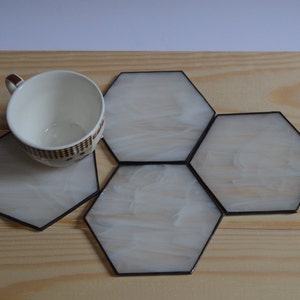 Modern White Hexagon Coasters for Drink Set of 4 Unique Stained Glass Decor for Kitchen or Dining Room image 5